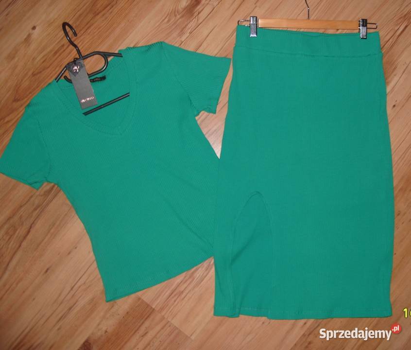 Zielony Komplet prążek spódniczka bluzka r LXL Rawicz