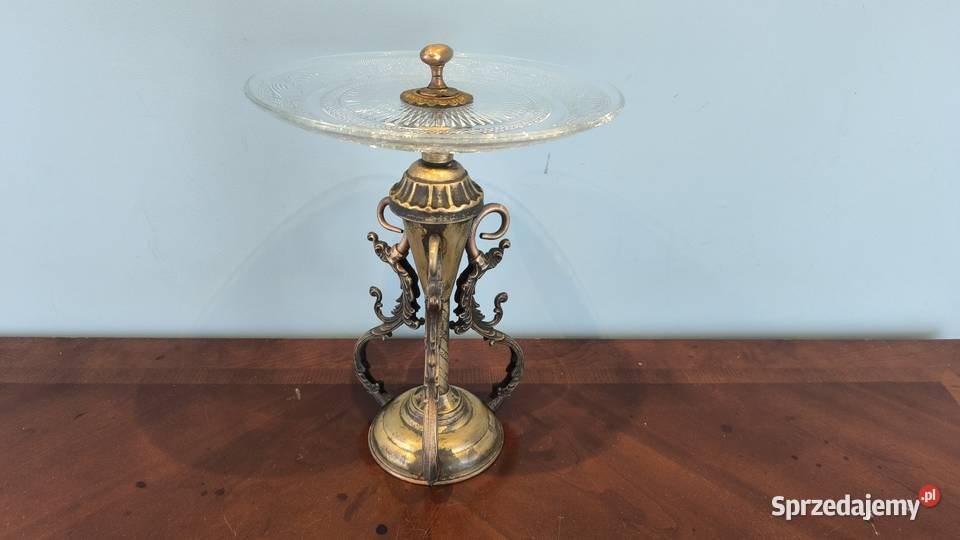 Piękna mosiężna patera z kryształowym szkłem