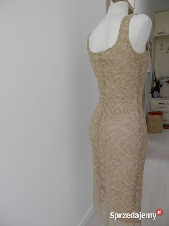 Sukienka Tiulowa Beżowa na Wesele Dopasowana Łomża