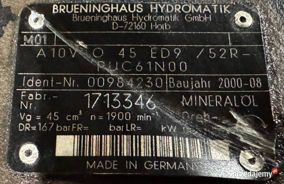 Bueninghaus A10V O 45 ED9 52R PUC61N00 pompa Układ hydrauliczny Poznań