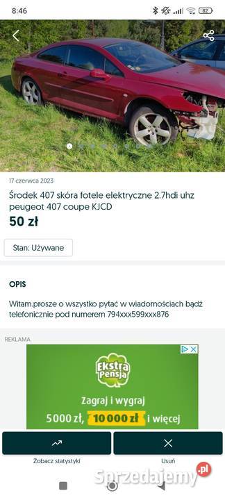 Peugeot 407 coupe części klapa maska lampy mazowieckie Halinów