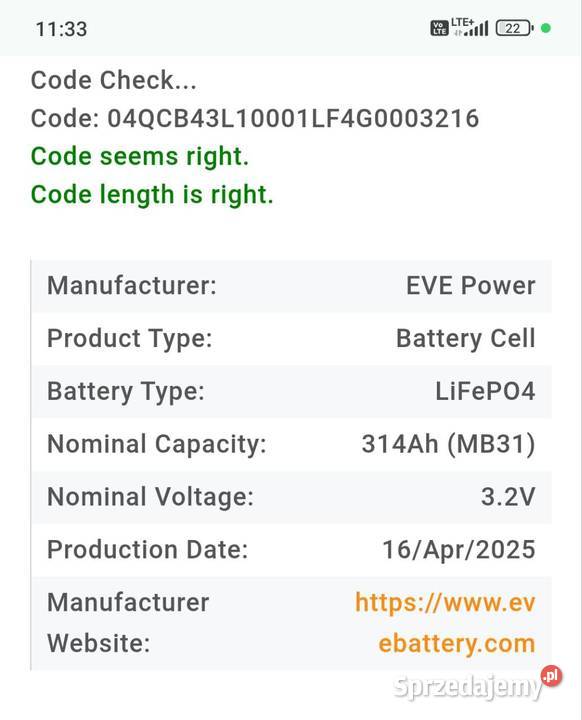 Ogniwa LiFePo4 EVE MB31 314AH 32V M6 STUD SINGLE