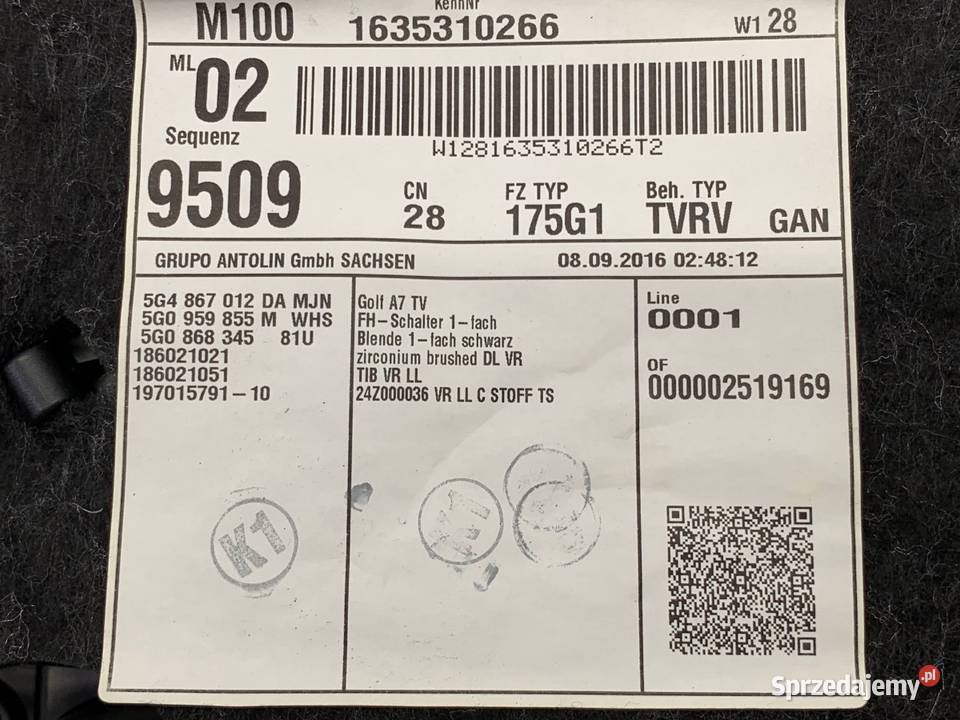 BOCZEK DRZWI PRAWY PRZÓD VW GOLF VII Hatchback osobowe Tapicerki samochodowe