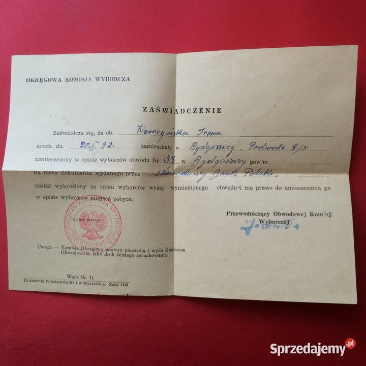 1395 Dokument Dorożyńska Szczecin sprzedam