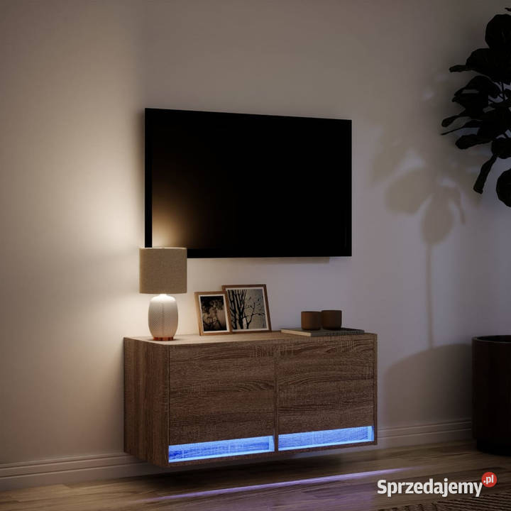 Ścienna szafka TV z LED brązowy dąb 80x31x35