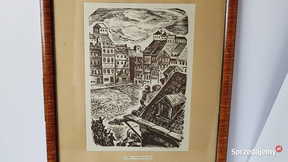 Stara grafika drzeworyt Rynek Starego Miasta