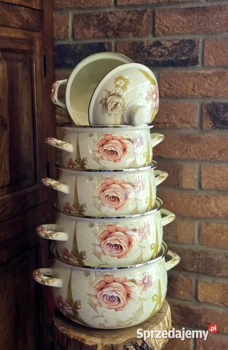 199 Garnki duże emalia róże śląskie Zabrze