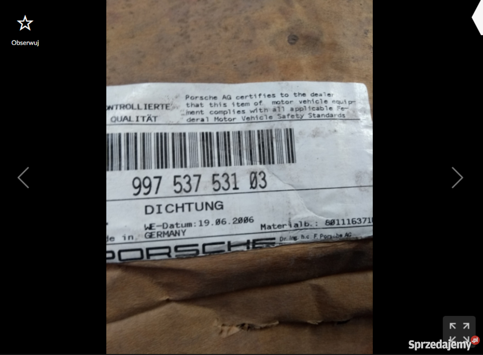 Porsche 997 uszczelka drzwi stalowych lewa części blacharskie Pilzno