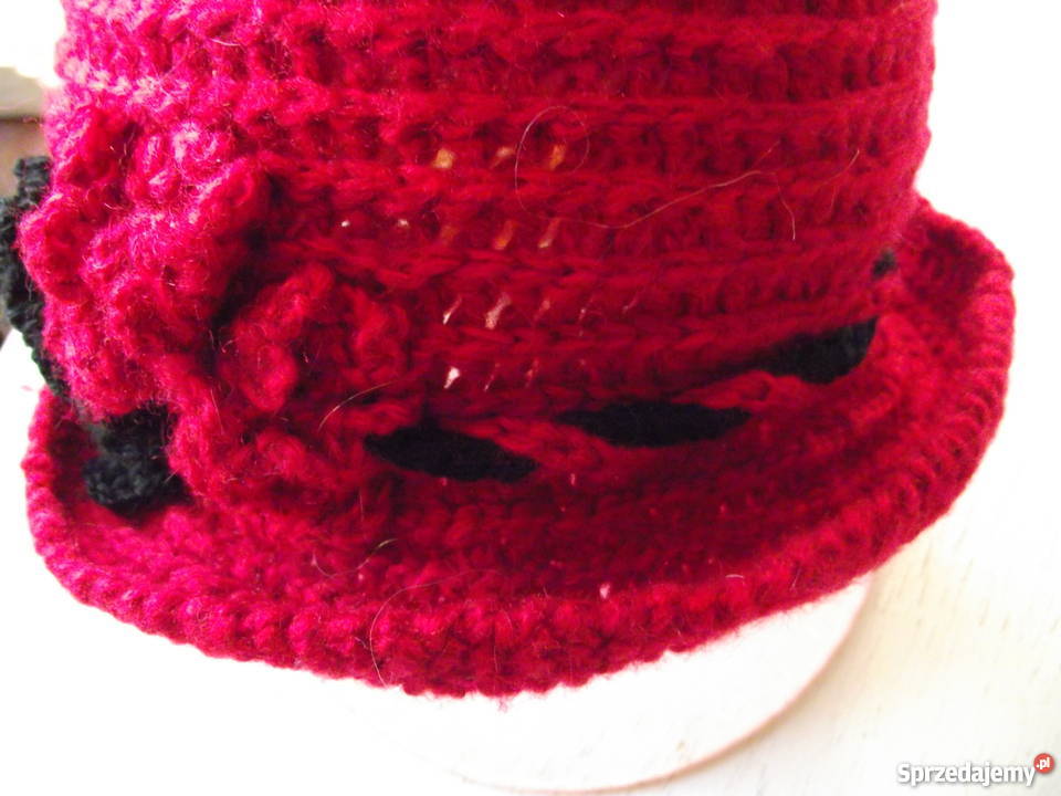 CZERWONO CZARNY KAPELUSZ AUTORSKIE RĘKODZIEŁO Piła