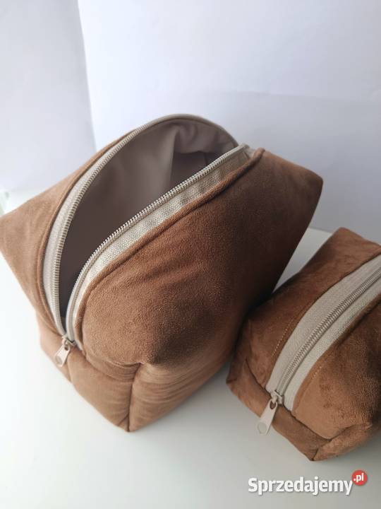Kosmetyczka duża welur brązowa handmade zestaw wielkopolskie Konin