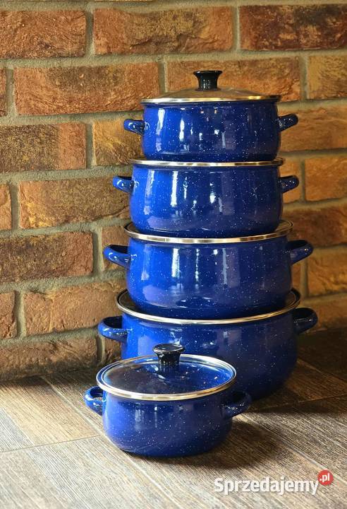 Komplet garnków emaliowanych niebieskie kropki małopolskie Kraków
