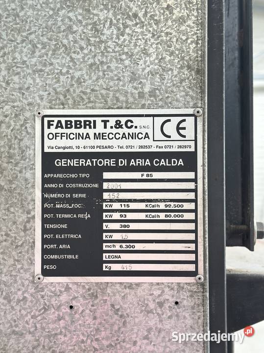 Piec nadmuchowy FABBRI F85 115 kW 1527 Łabuńki Pierwsze sprzedam