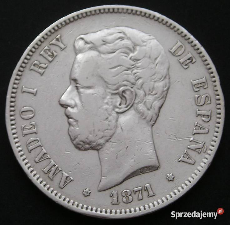 Hiszpania 5 peset 1871 Amadeo I srebro łódzkie Łódź