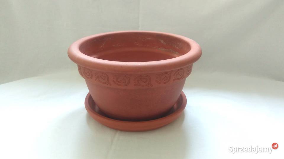 Doniczka brąz DUŻA Podstawka glina Wzór stan