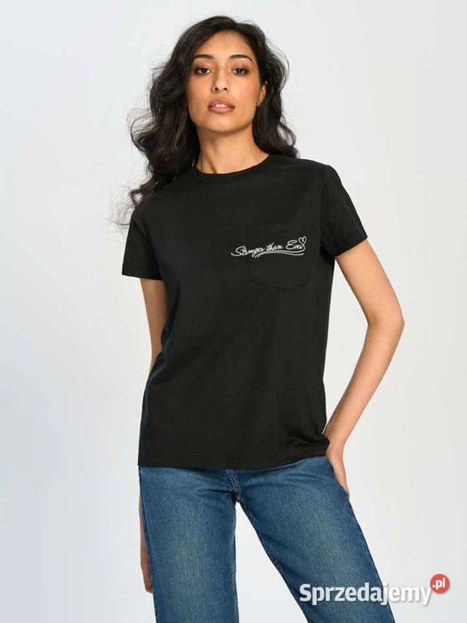 czarny shirt z kieszonką i napisem Sinsay Bluzki i koszule Olkusz sprzedam