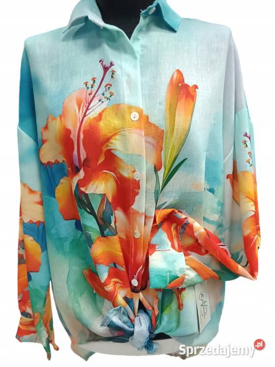 KOSZULA BLUZKA damska turkusowa w kwiaty biust Pątnów