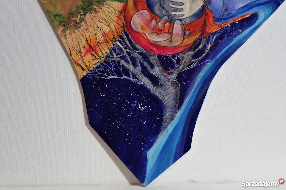 Duży anioł malowany akrylami na drewnie ANIOŁ
