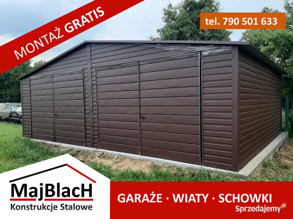 Duży Garaż Blaszany Brązowy 2 bramy uchylne Konin