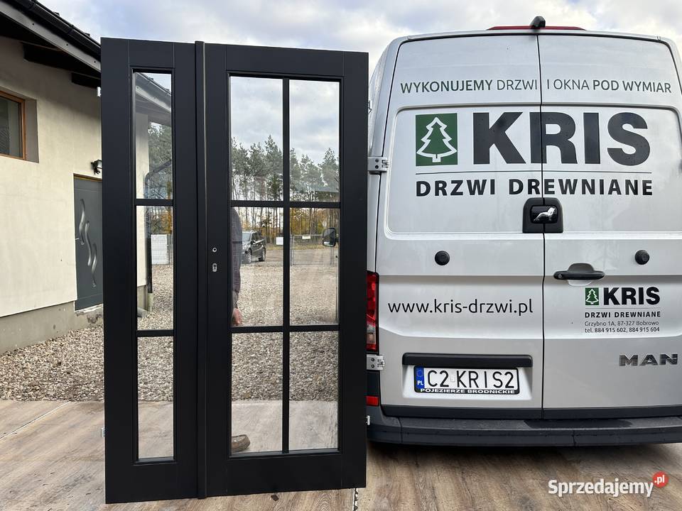 Drzwi zewnętrzne drewniane dwuskrzydłowe grube Grzybno