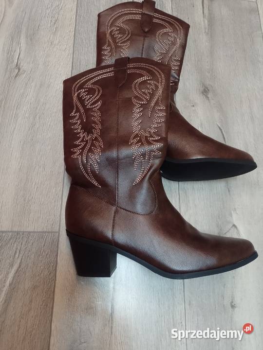 4142 Brązowe Wyszywane Kozaki kowbojki NOWE