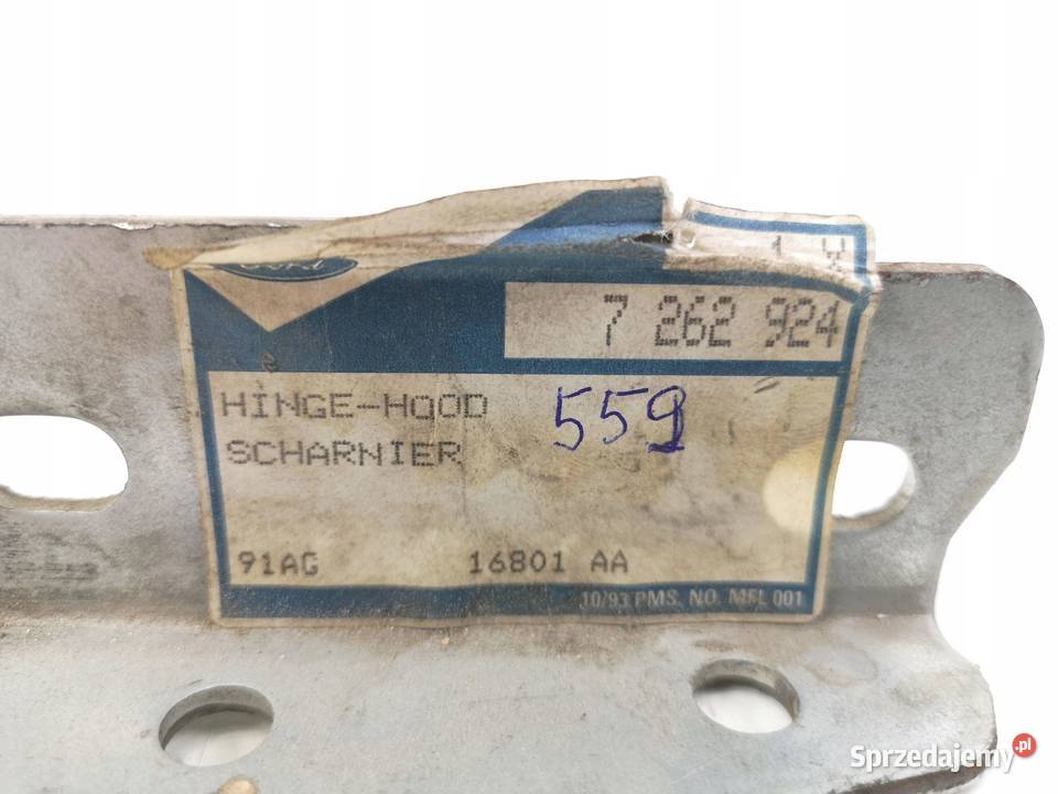 ZAWIAS MASKI LEWY FORD ESCORT MK5 9095 ORYGINAŁ Zawiasy, bolce i prowadnice