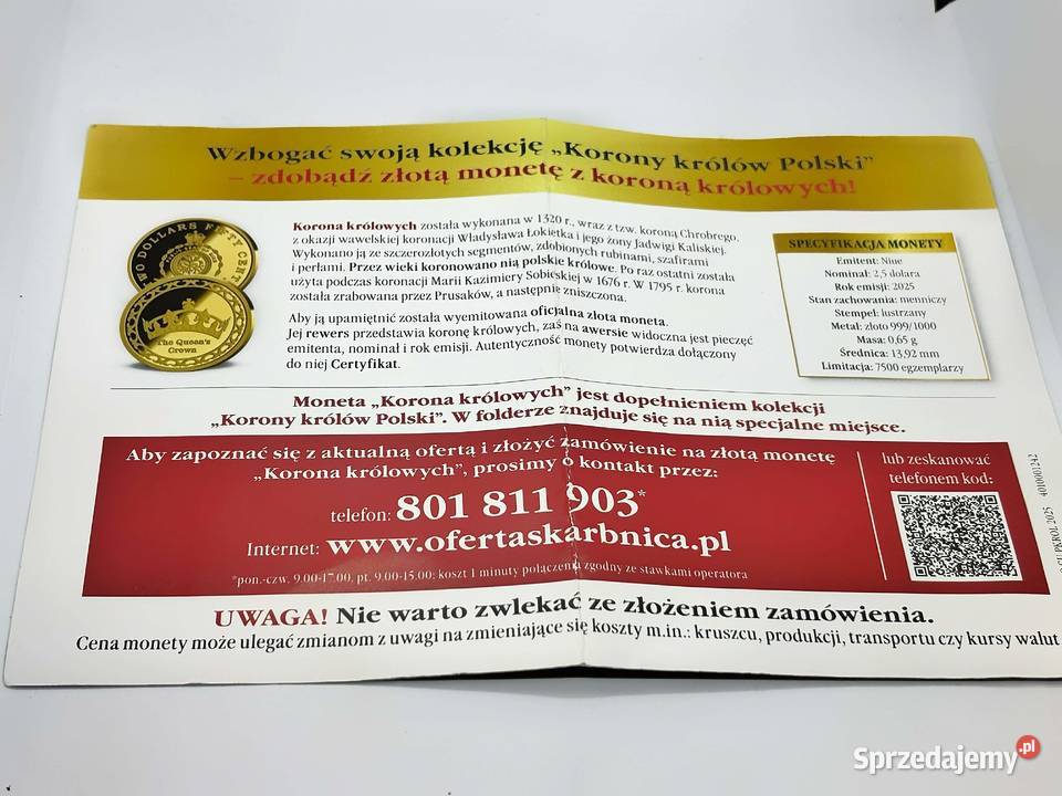 Złota moneta próby 999 Korona Królowych 065g warmińsko-mazurskie Elbląg