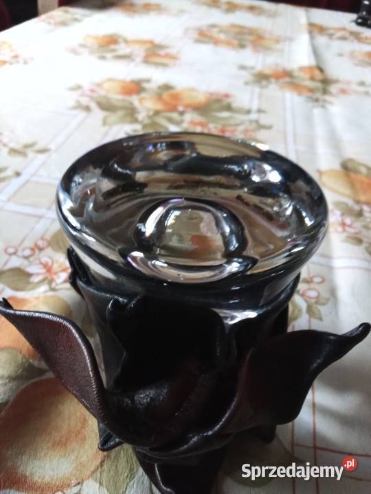 Prl świecznik szklo i skóra róża hand made łódzkie
