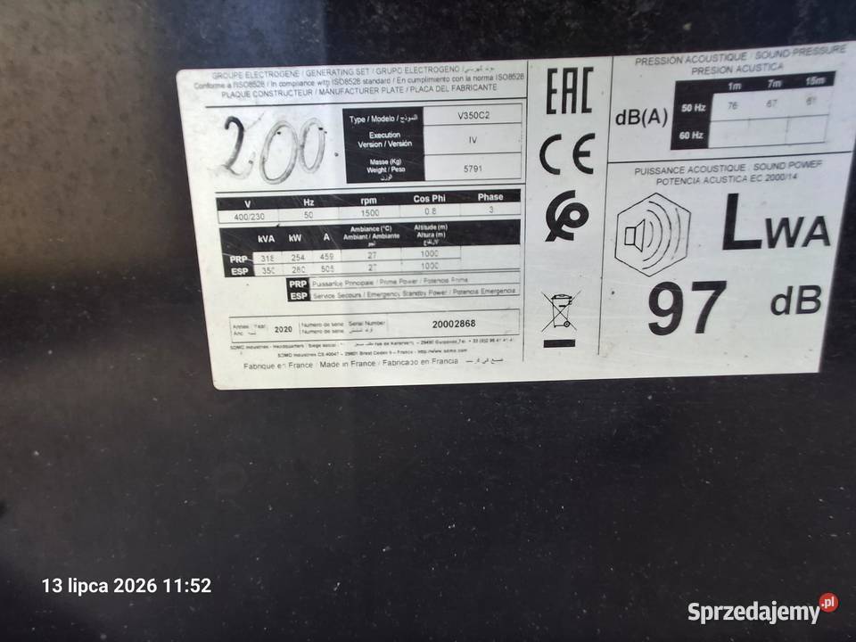 SPRZEDAŻ Agregat prądotwórczy Kohler SDMO v350C2 Produkcja Biznes i Przemysł Jelcz-Laskowice