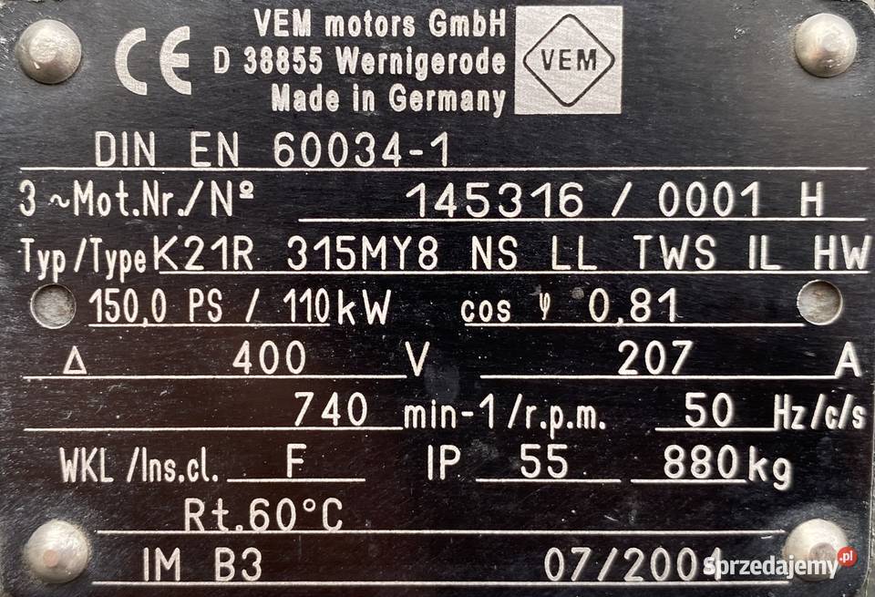silnik elektryczny 110kW 740obr 3fazowy VEM Silniki Pigża