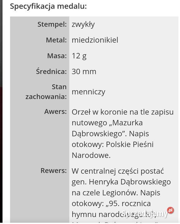 medal 95 rocznica hymnu polskiego