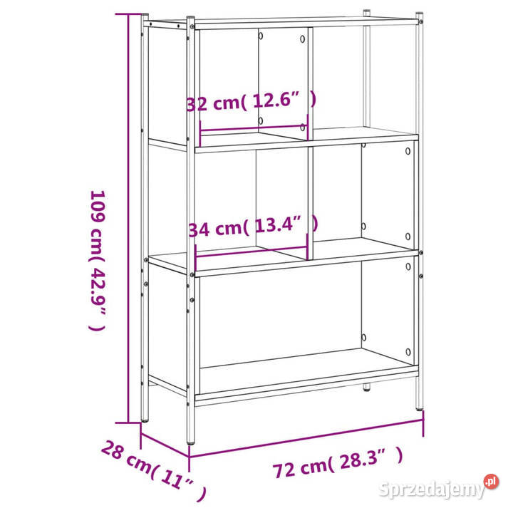 Regał brązowy dąb 72x28x109 materiał