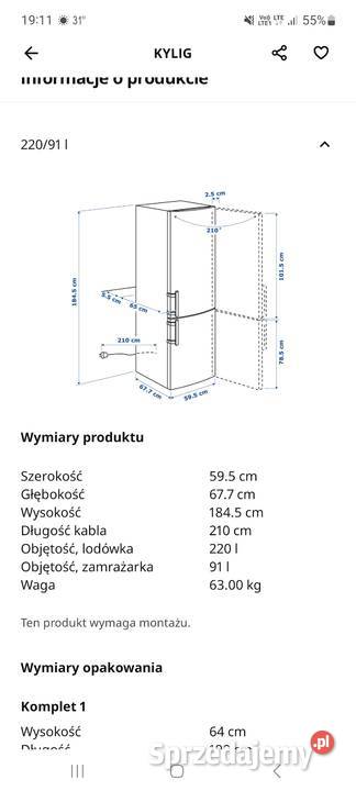 Lodówkozamrażarka Ikea Kylig na gwarancji małopolskie Tarnów sprzedam