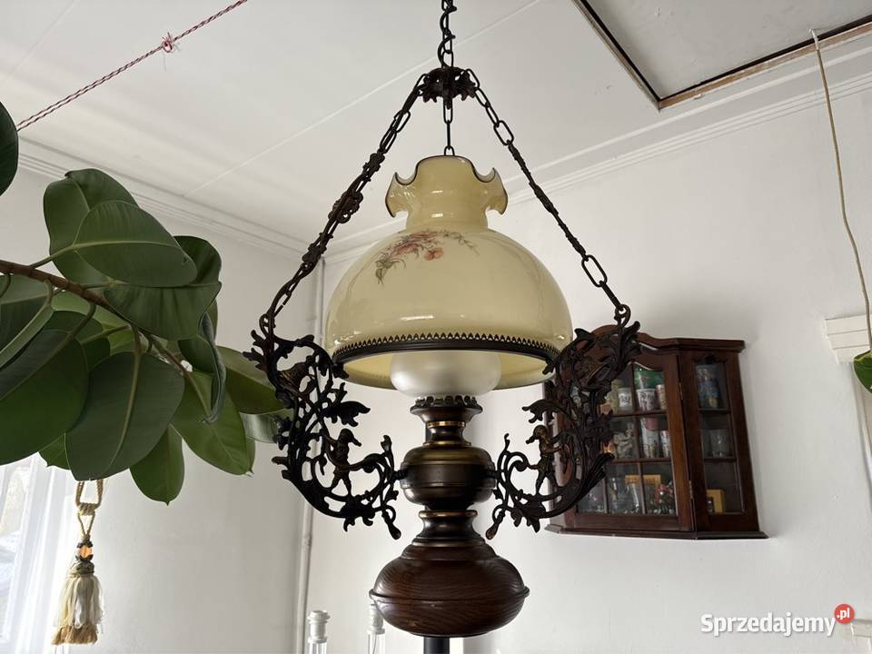 Śliczna lampa naftowa żyrandol drewno mosiądz Bystrzyca Kłodzka sprzedam