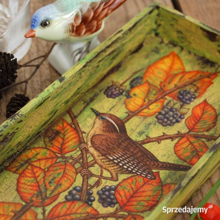 Drewniana tacka malowana ptak strzyżyk jeżyny Lublin sprzedam