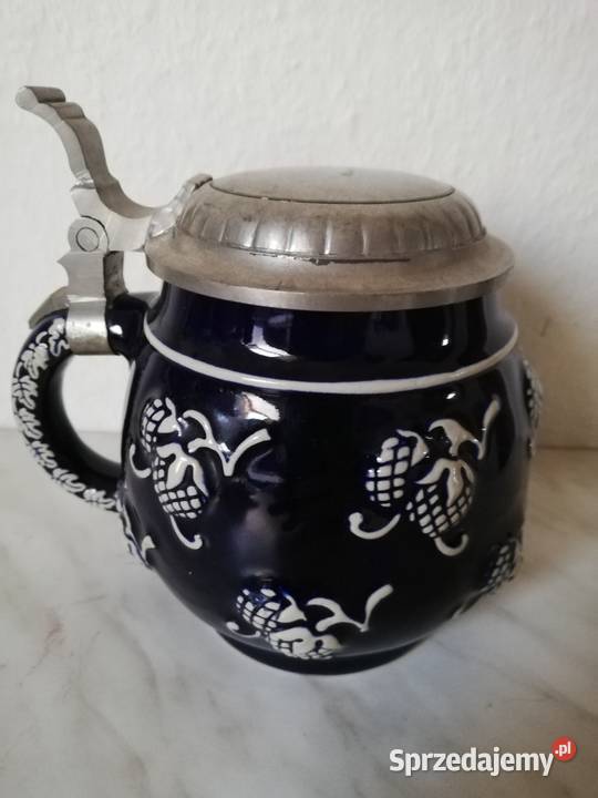 Stary sygnowany kufel granat z dekielkiem małopolskie Gorlice
