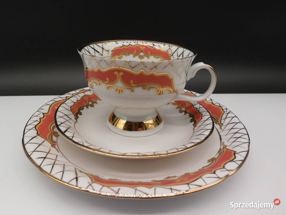 Porcelana CHODZIEŻ Trio Śniadaniowe Koral Złoto Porcelana i szkło Raszków