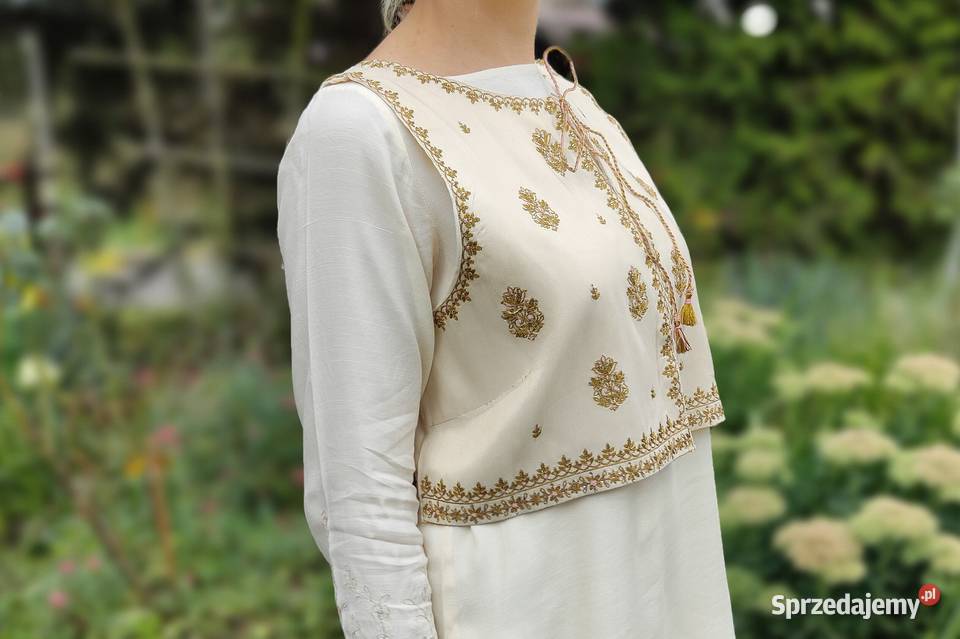Biała kermowa kamizelka XL 44 złoty haft boho Szczecin