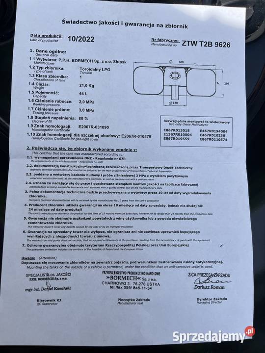 Butla LPG Bormech 44l Legalizacja do 102032r W Tywonia