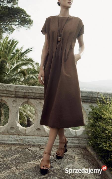Sukienka midi z zakładkami i kieszeniami brązowa Odzież damska Warszawa sprzedam