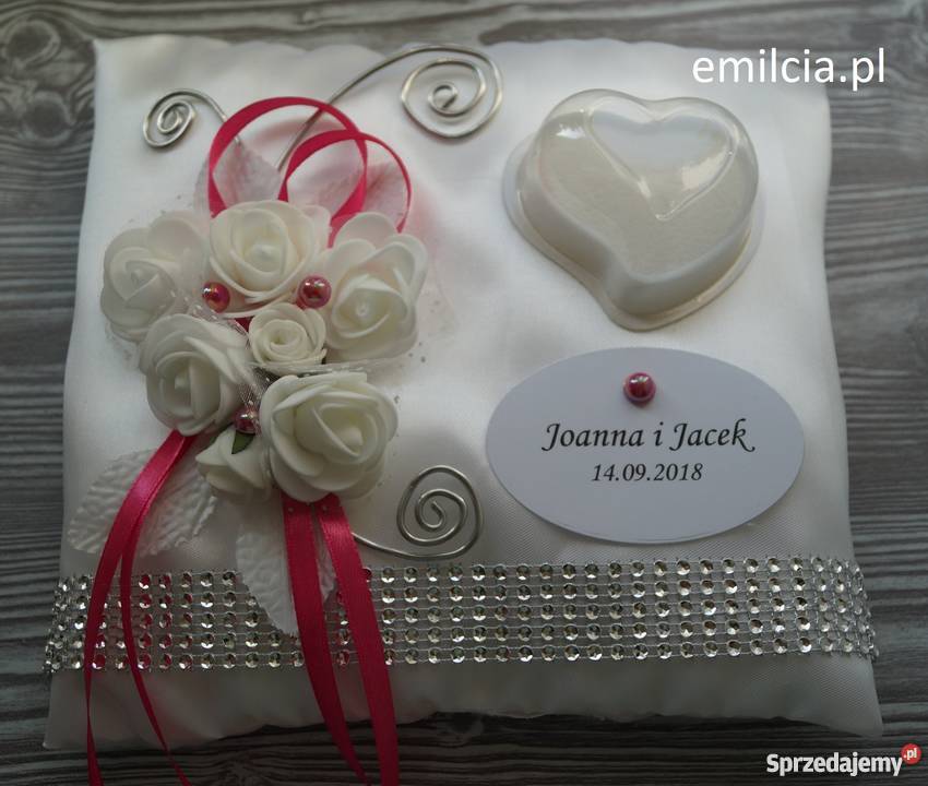 Poduszka Na OBRĄCZKi Biel Fuksja i Srebro OZDOBA Zielona Góra