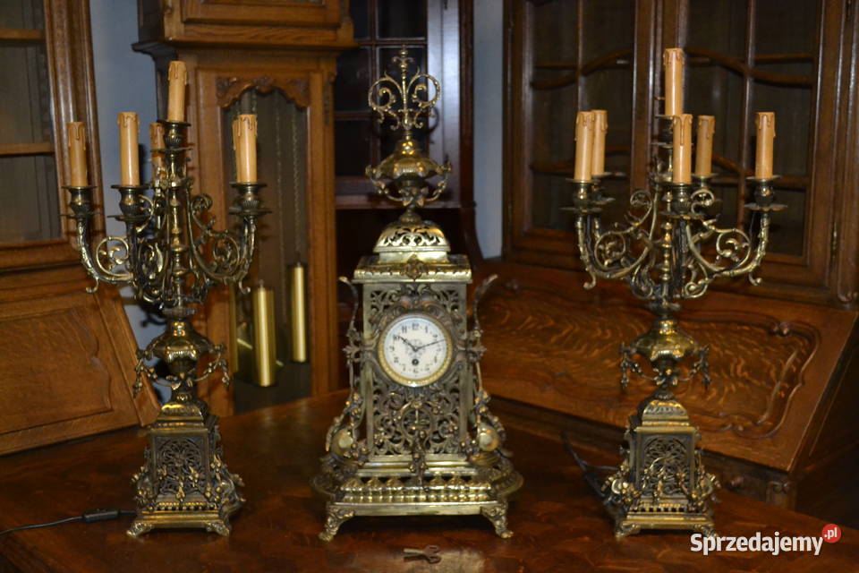 zegar kominkowy z kandelabrami mosiądz Będzin