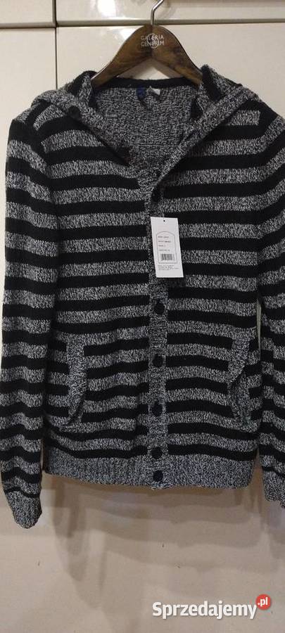 Sweter męski z kapturem w paski szaro czarne H M Lublin