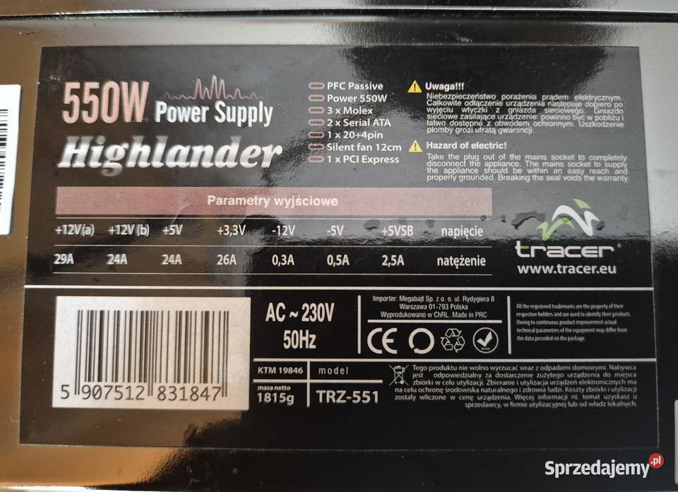Zasilacz komputerowy Tracer Highlander 550W Dąbrowa Górnicza