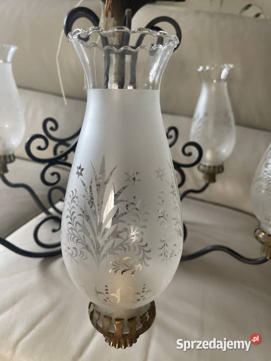 Antyk żyrandol lampa mosiądz szkło grawerowane dolnośląskie Bystrzyca Kłodzka