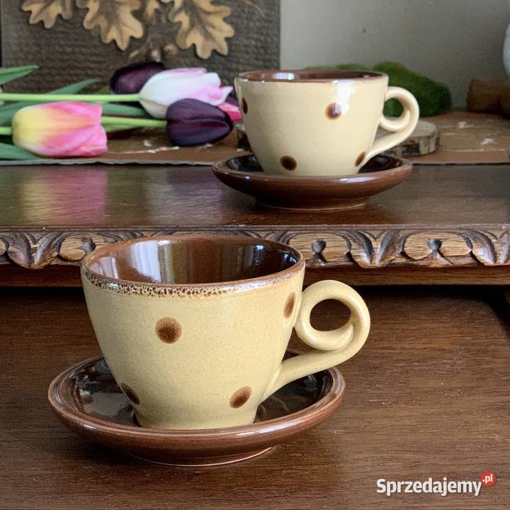 Dwie ceramiczne filiżanki w grochy śląskie Myszków