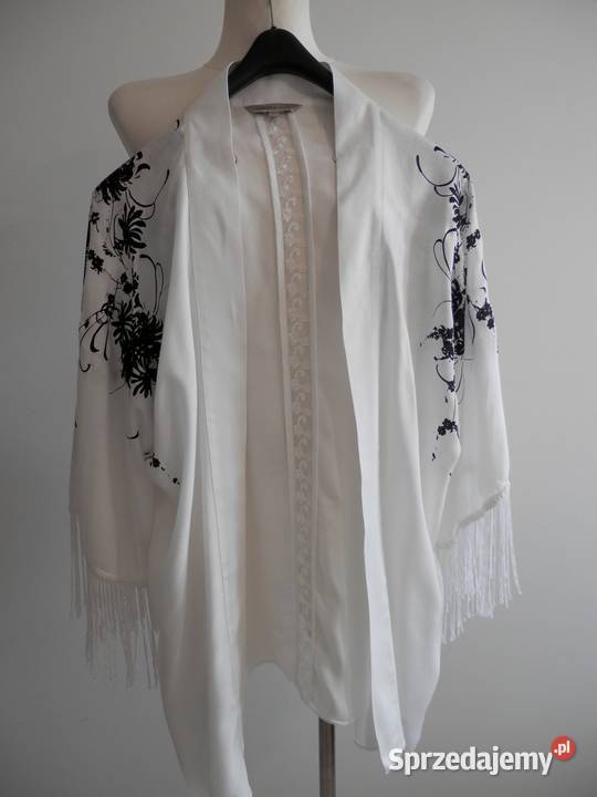 Narzutka Kimono Blezer Tunika Biała z Frędzlami Łomża