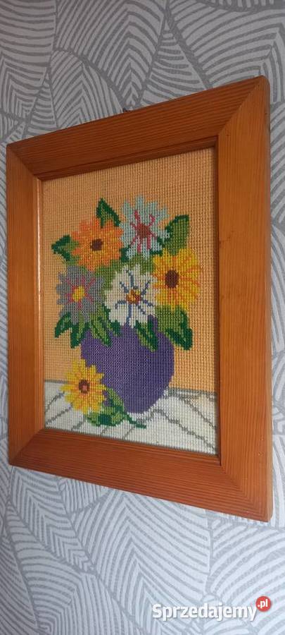 Obraz wyszywanka kwiaty w wazonie rękodzieło Małkinia Górna sprzedam