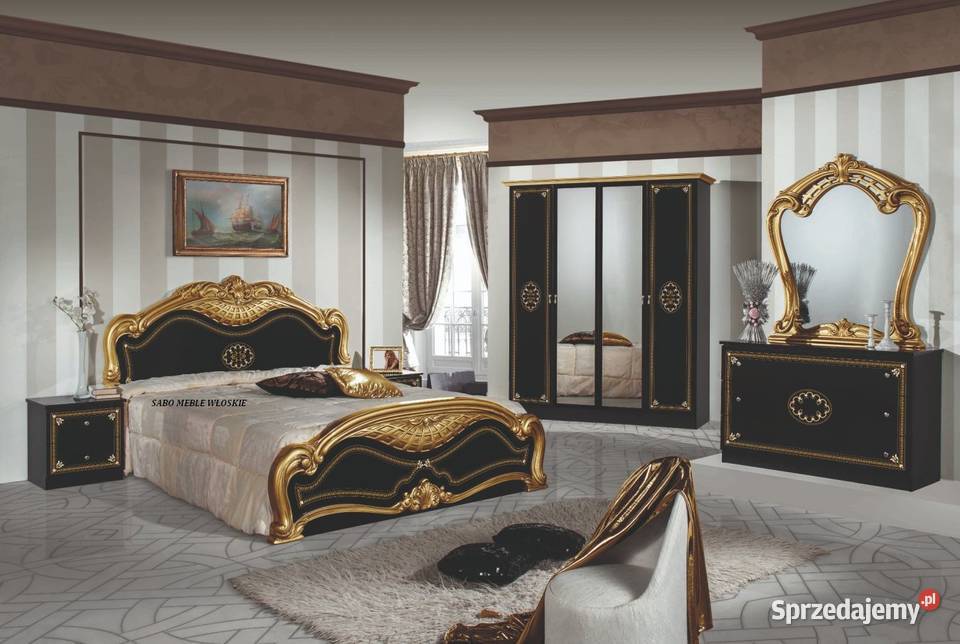 Klasyczna sypialnia czarno-złota z szafą 4-drzwiową