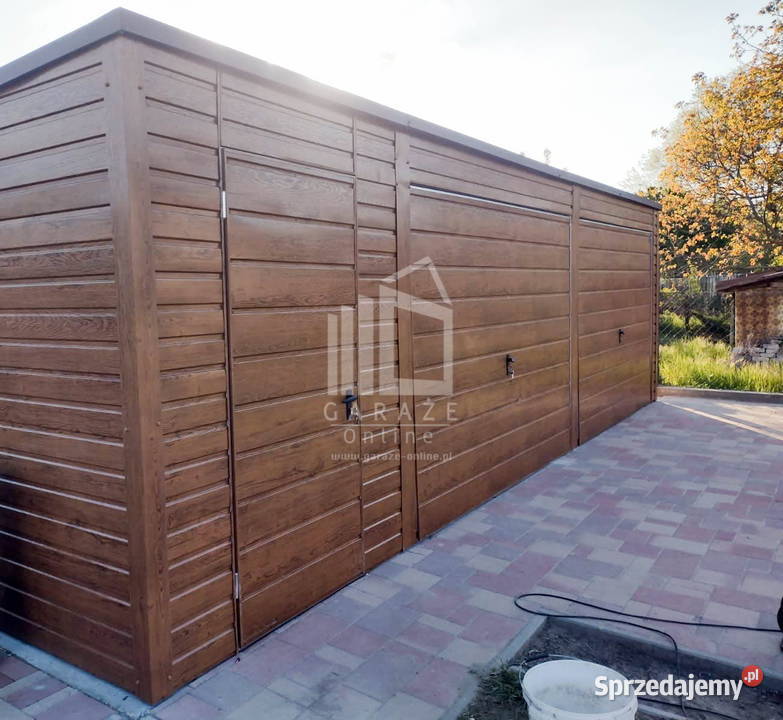 GARAŻ BLASZANY 8m x 6m poziom spad tył 2x Brama blacha