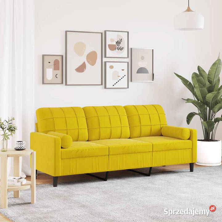 3osobowa sofa z poduszkami żółta 180 aksamit